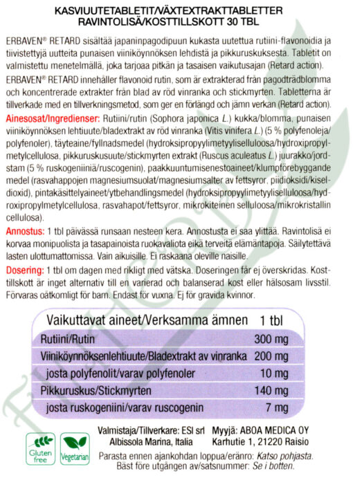 Erbaven tabletit Retard kasviuutetabletit etiketti Finherb