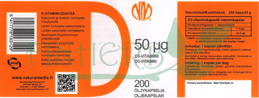 D3-vitamiini 50 µg etiketti