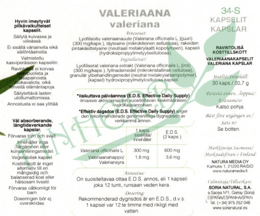 Valeriana XXI kapselit etiketti Finherb