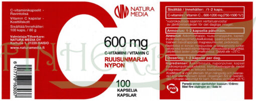 Ruusunamarja C-vitamiini 600 etiketti Finherb
