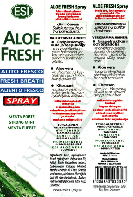 Aloe Fresh Strong Mint suusuihke etiketti Finherb